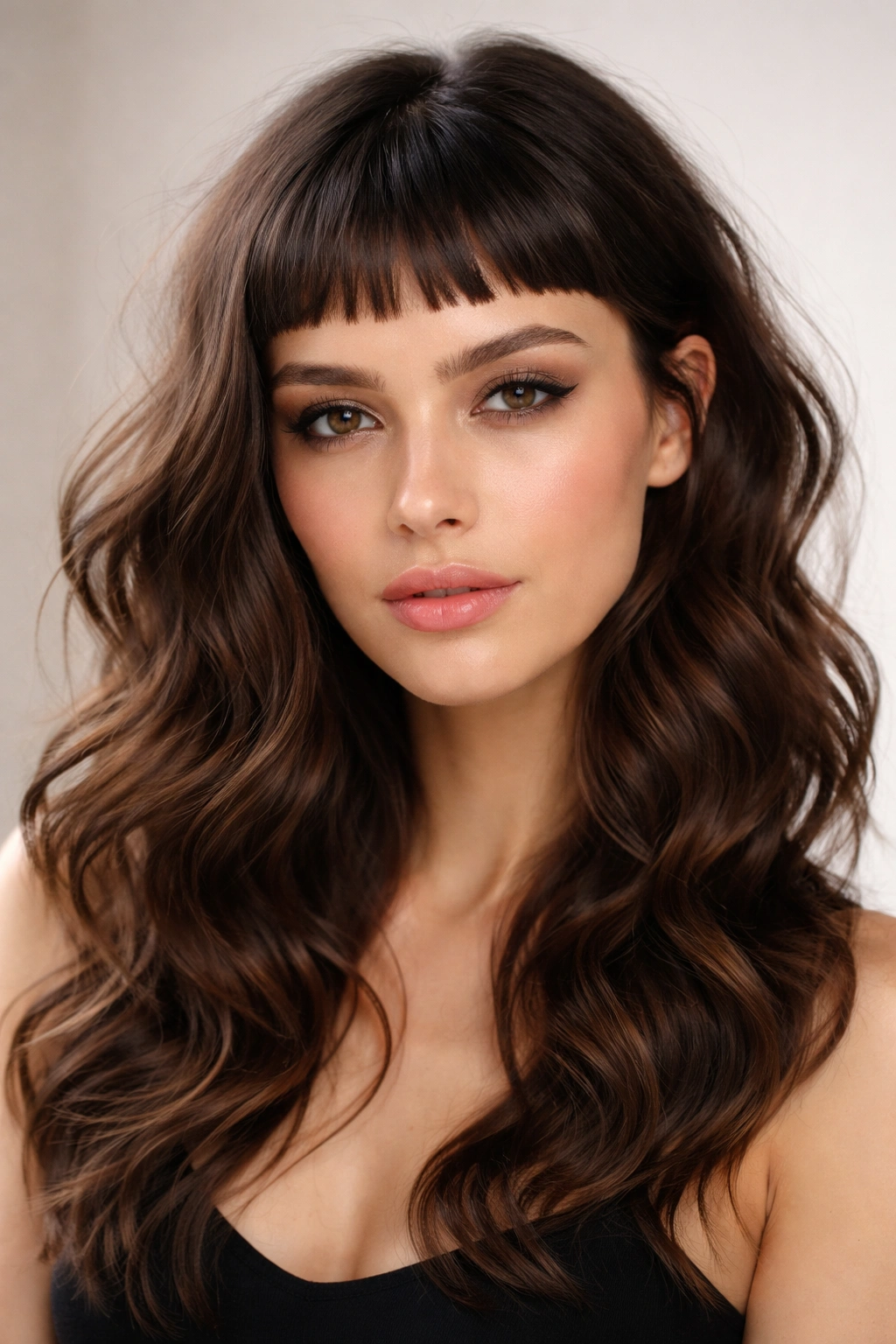 Close-up of micro bangs with soft waves and sophisticated edge on wavy hair