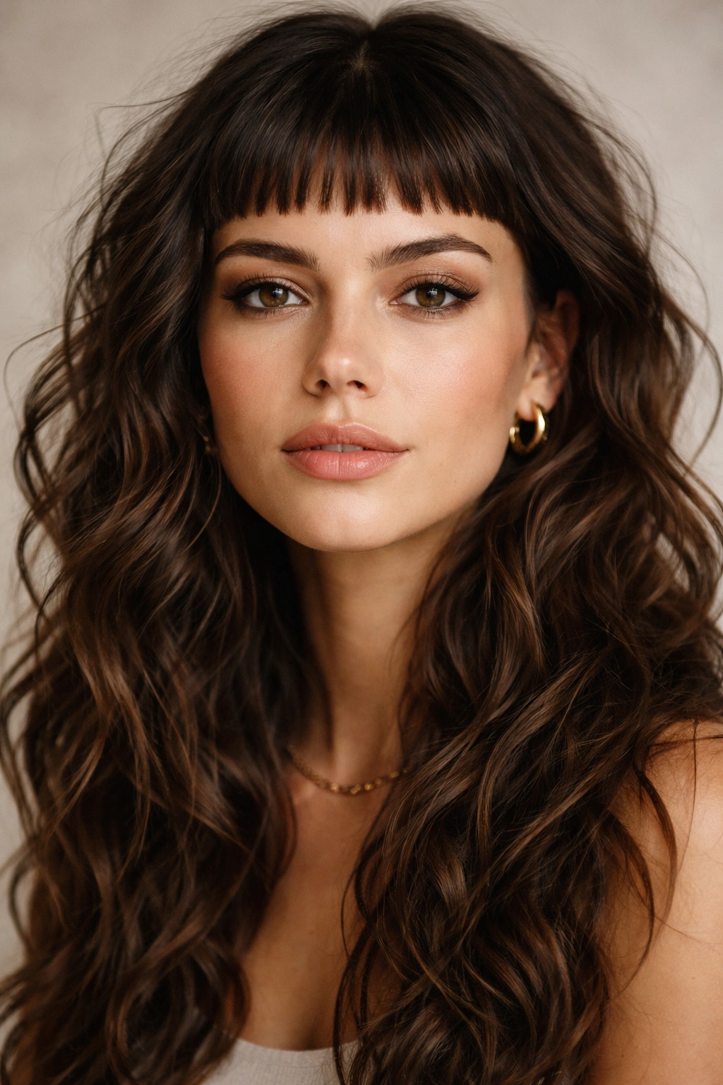 Close-up of a person with micro bangs and thick wavy hair highlighting texture.