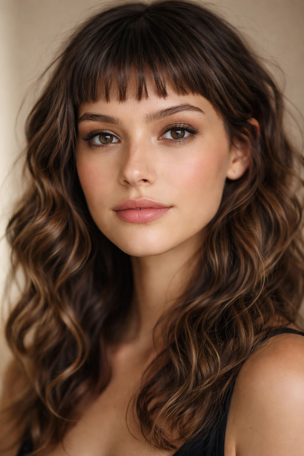 Close-up of textured micro bangs blending with soft waves on the forehead