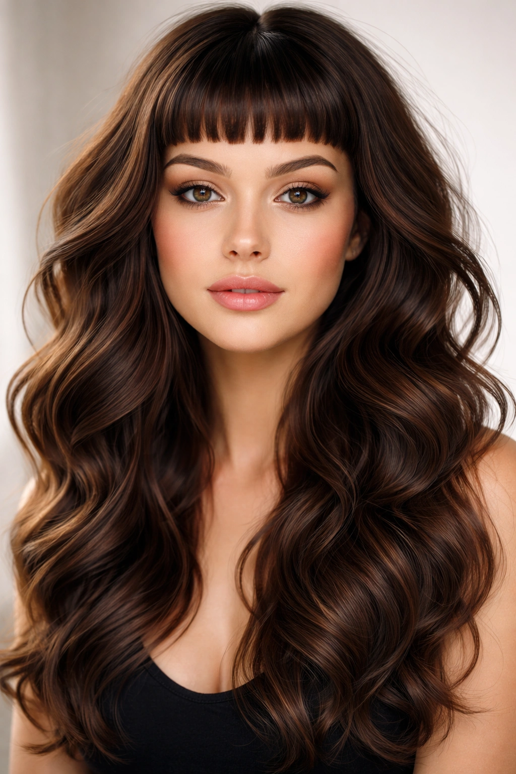 Micro bangs with voluminous waves close-up portrait.