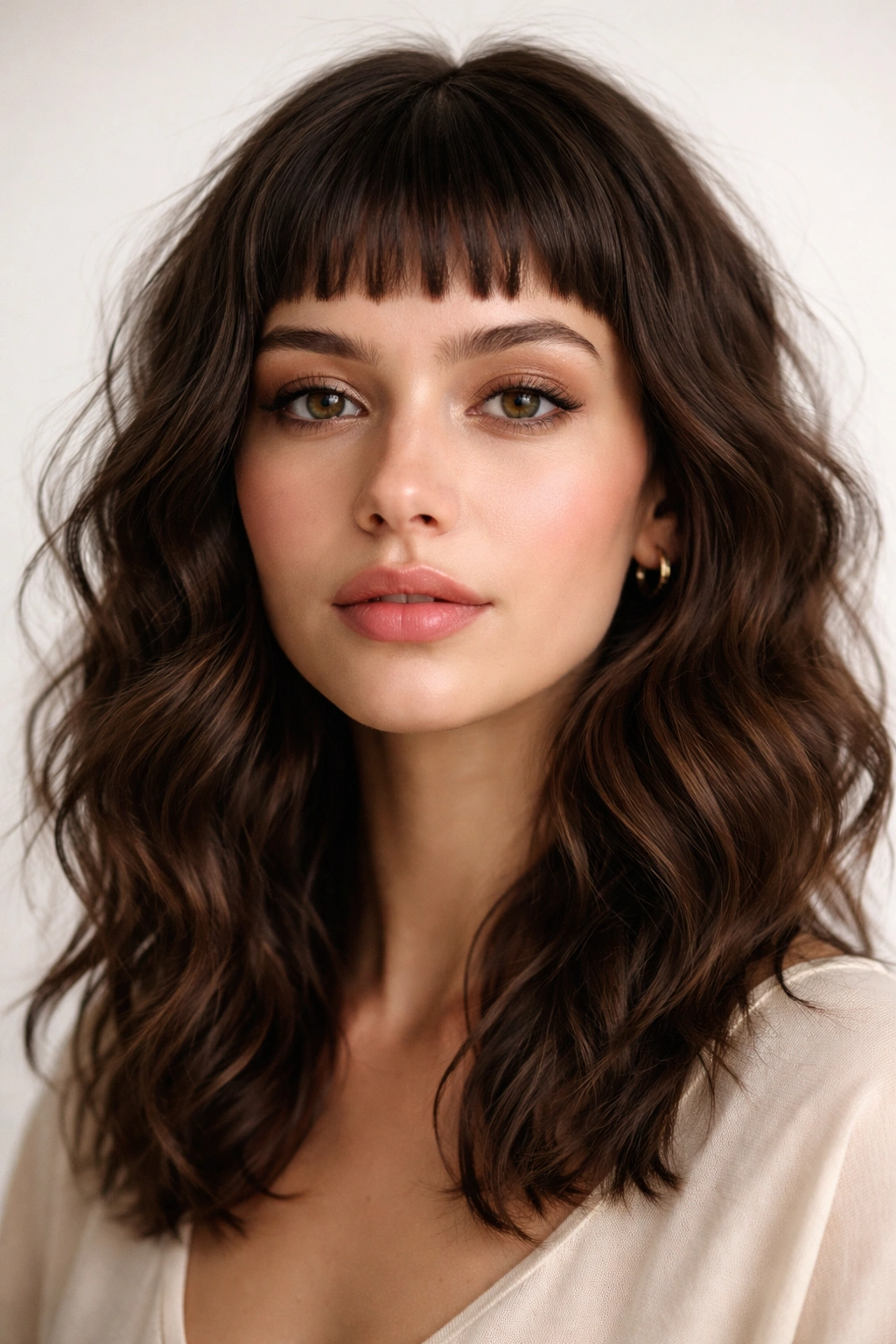 Close-up of micro bangs with waves on medium-length hair
