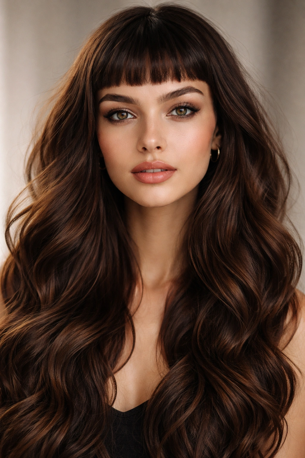 Close-up of brunette with micro bangs and flowing wavy hair