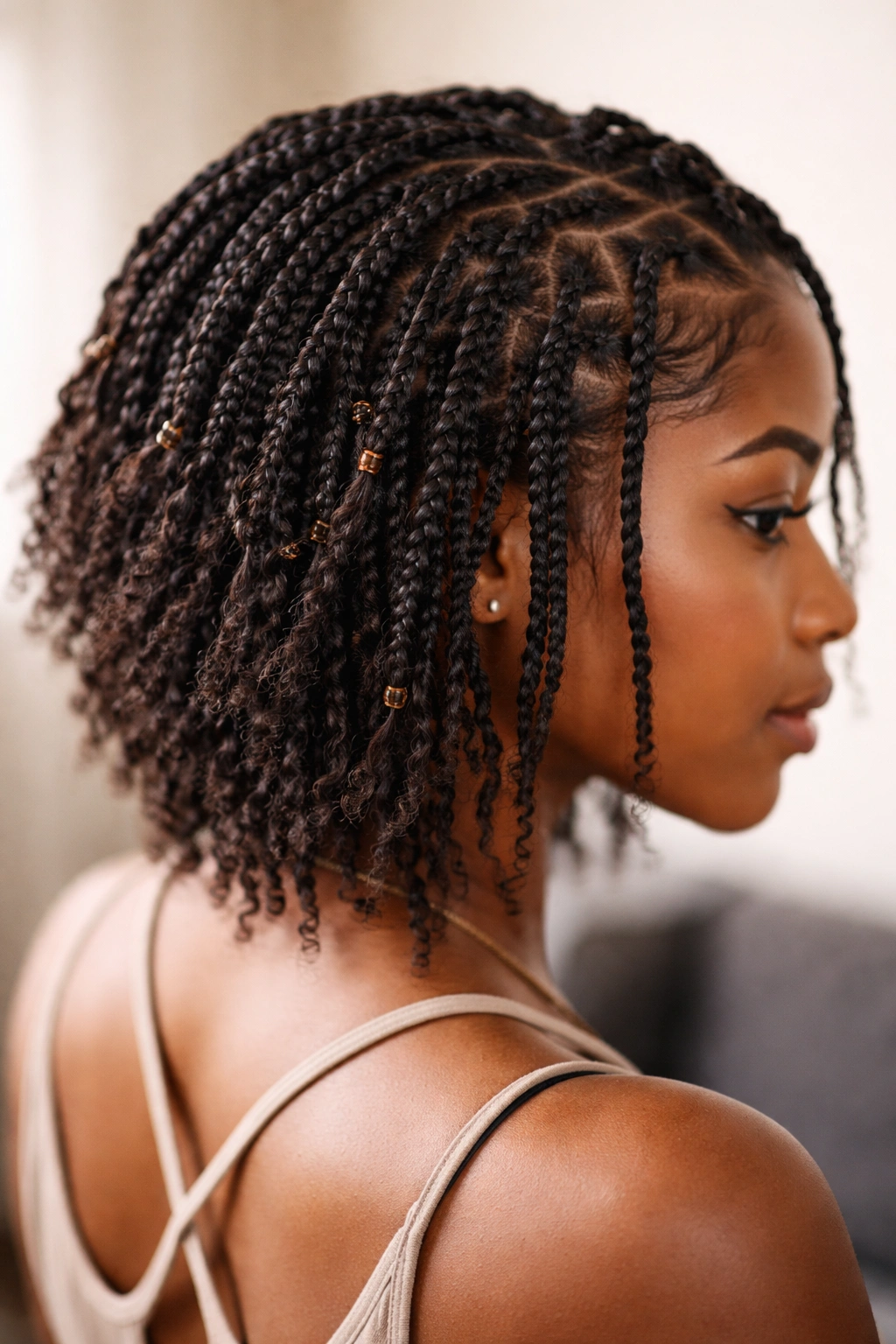 Close-up of short Afro hair with micro boho twists featuring tapered ends