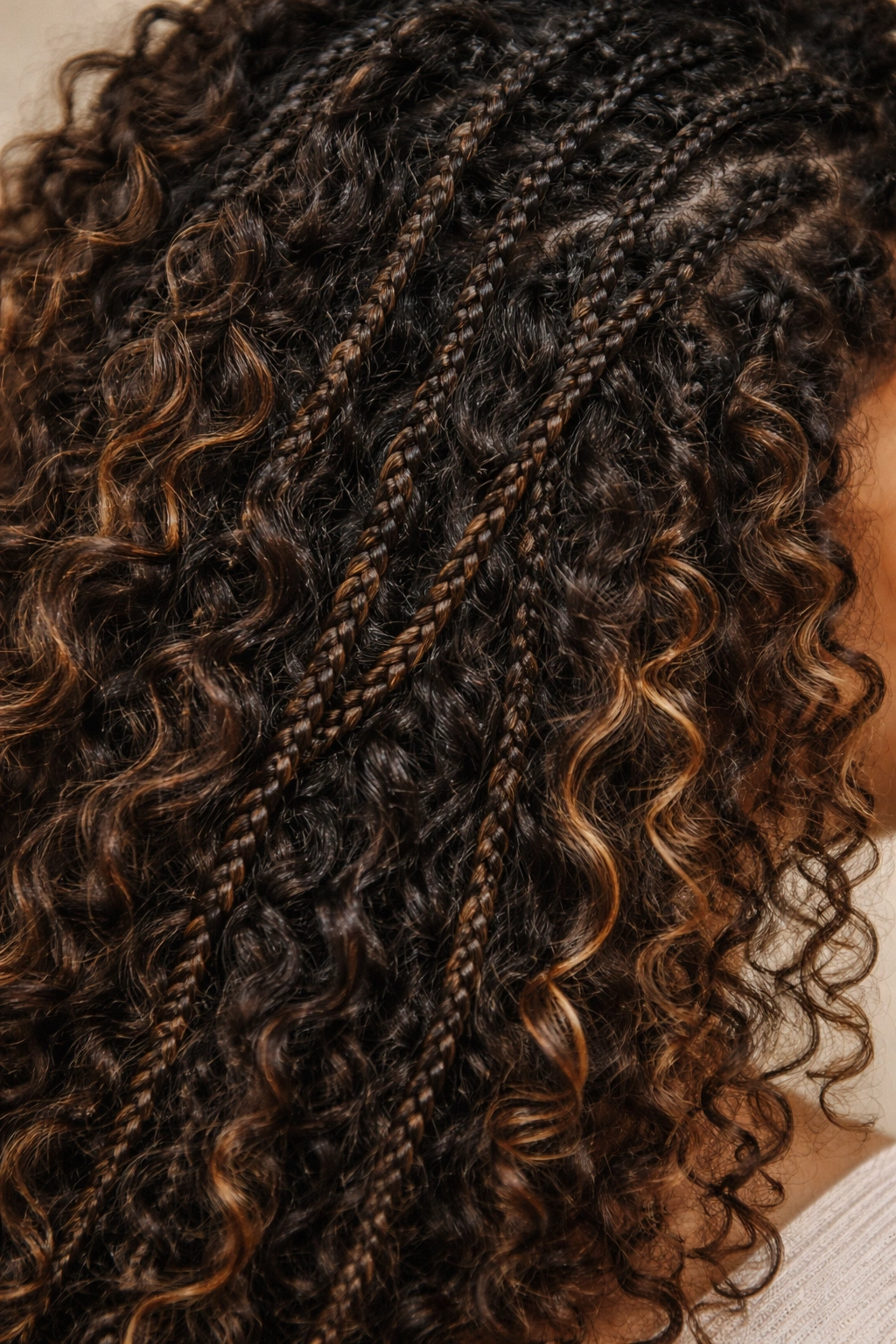 Close-up of micro braids woven through natural curls showing texture contrast