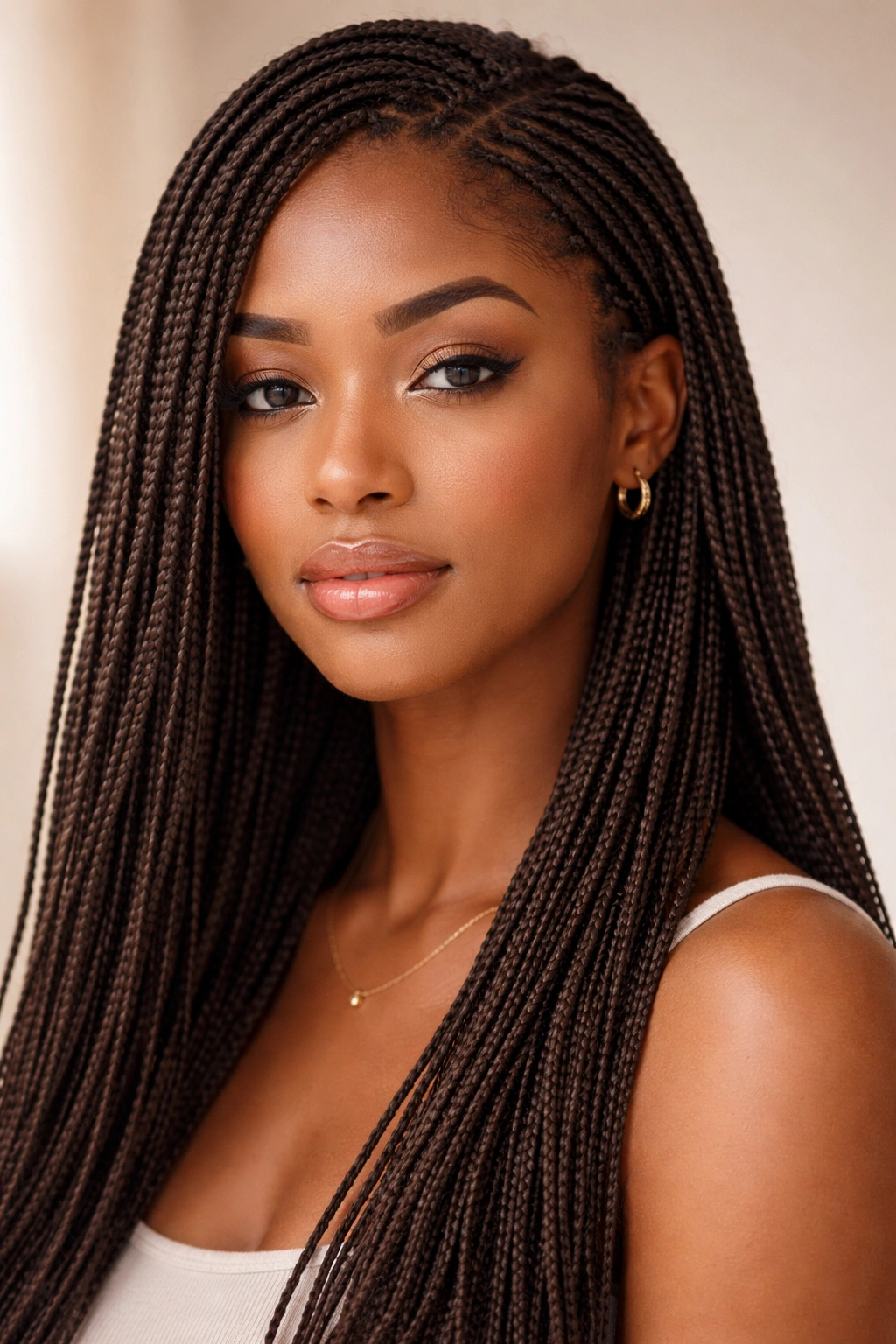 Close-up of numerous micro braids densely covering the scalp