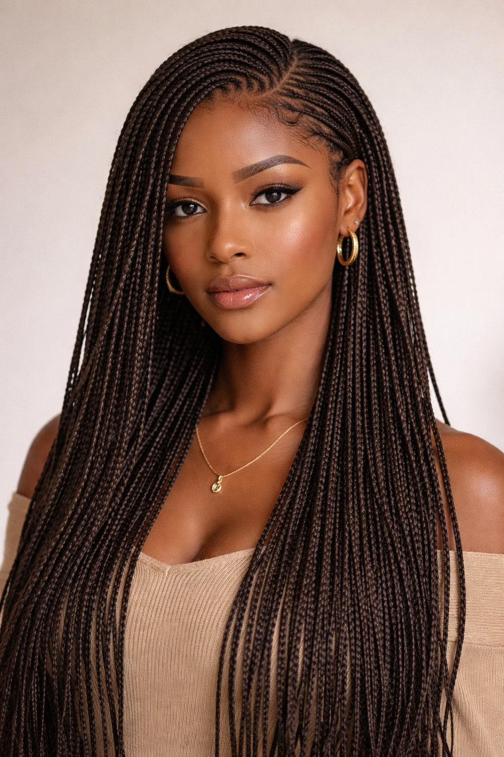 Close-up of a head covered with tiny micro braids showing detailed texture.