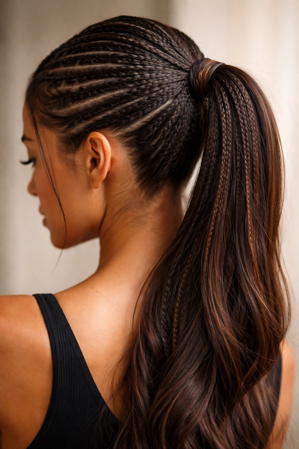 Delicate micro braids forming a double ponytail with intricate texture