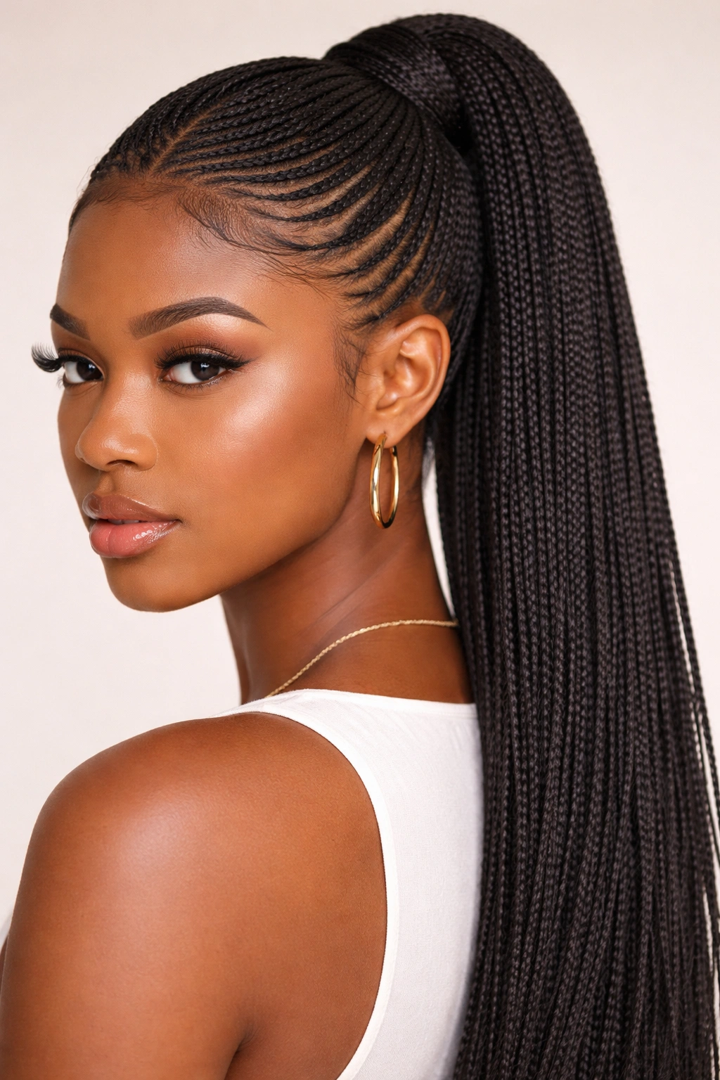 Close-up of micro braids forming a sleek ponytail
