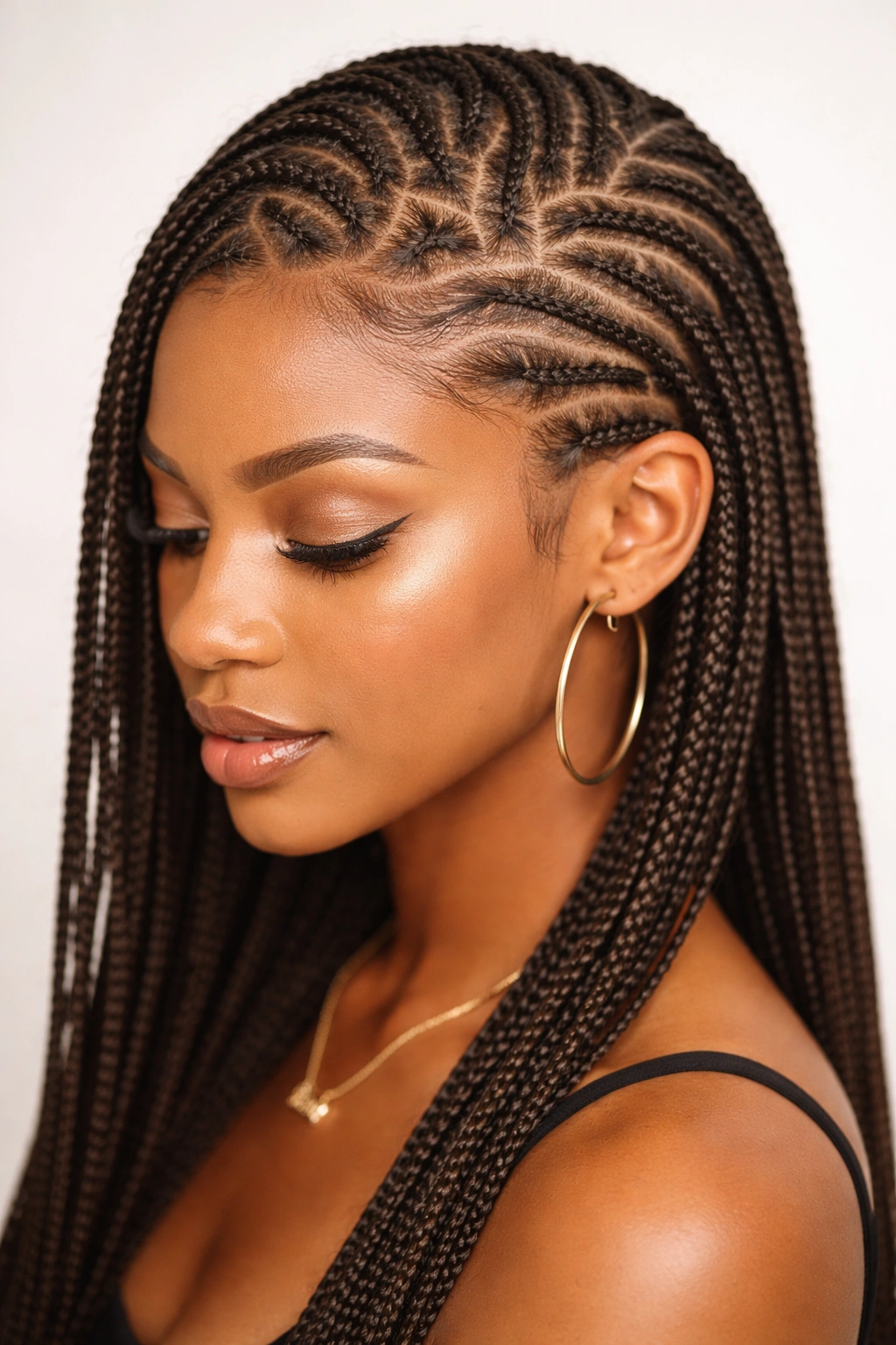 Full head of micro braids with bold zigzag parts across the scalp