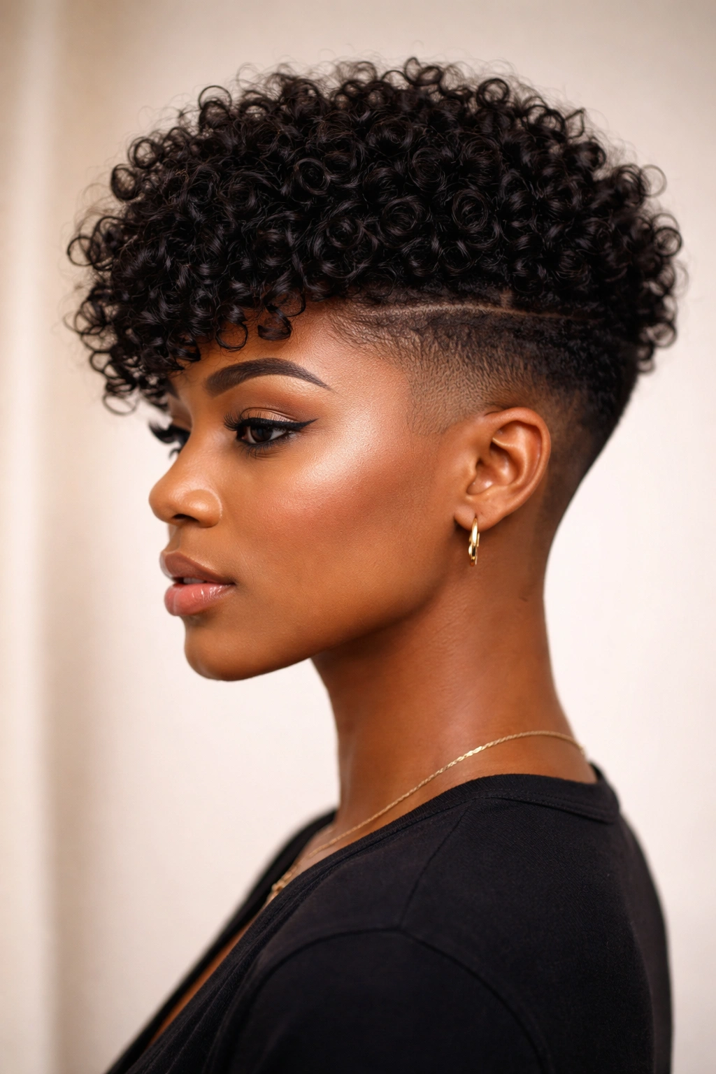 Close-up of dense micro curls with a sharp undercut fade on the sides.