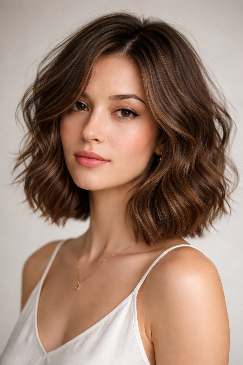 Shoulder-length wavy bob with delicate micro-layers and refined texture.