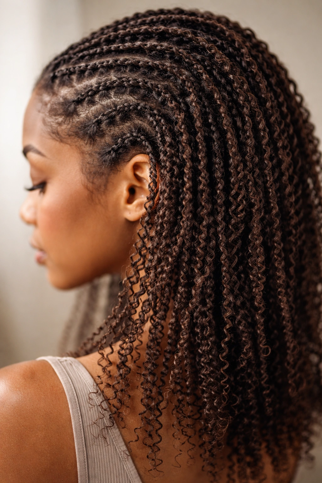Close-up of fine curly hair with micro twists showing thin, textured twists
