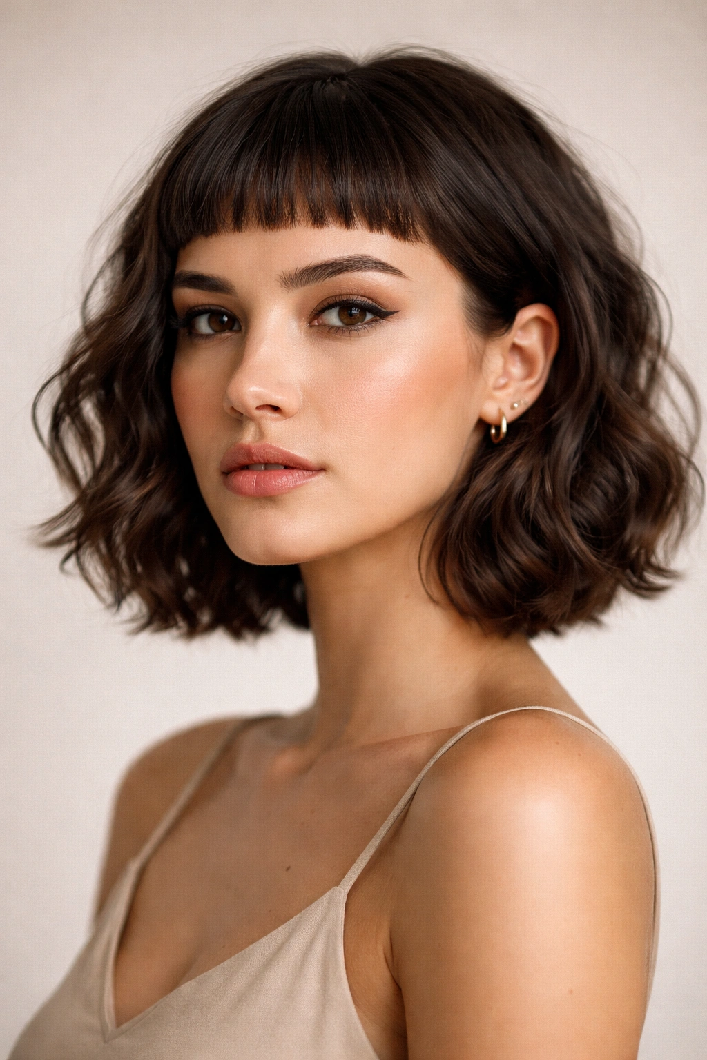Microfringe Wavy Italian Bob with blunt fringe and flowing waves