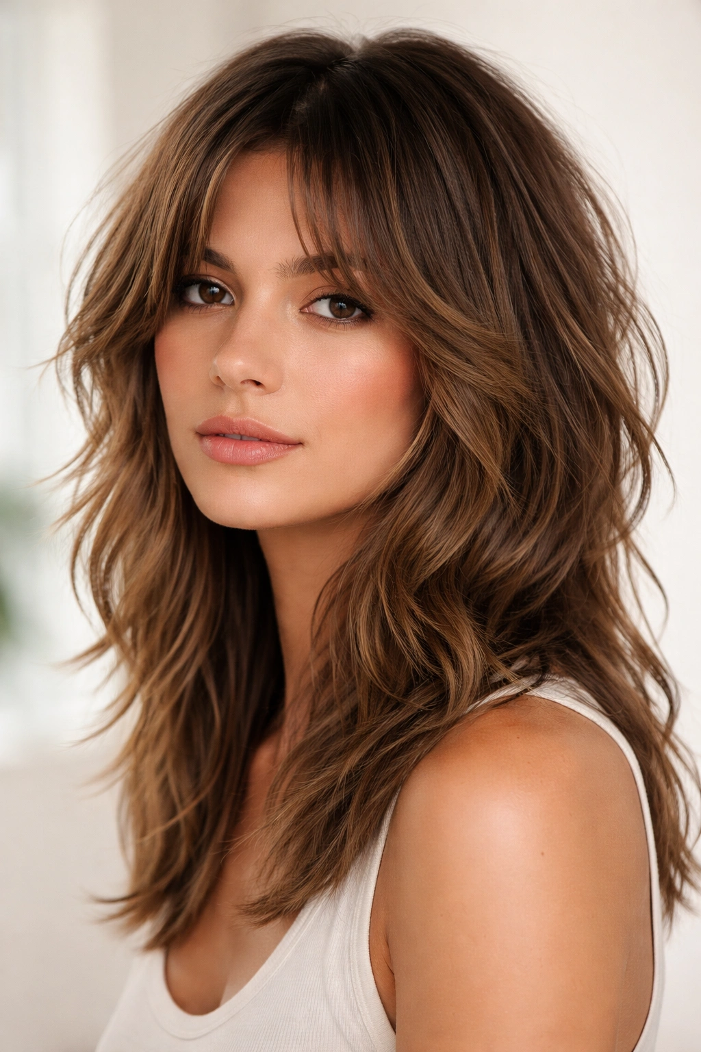 Mid-length shag with face-framing choppy layers and texture