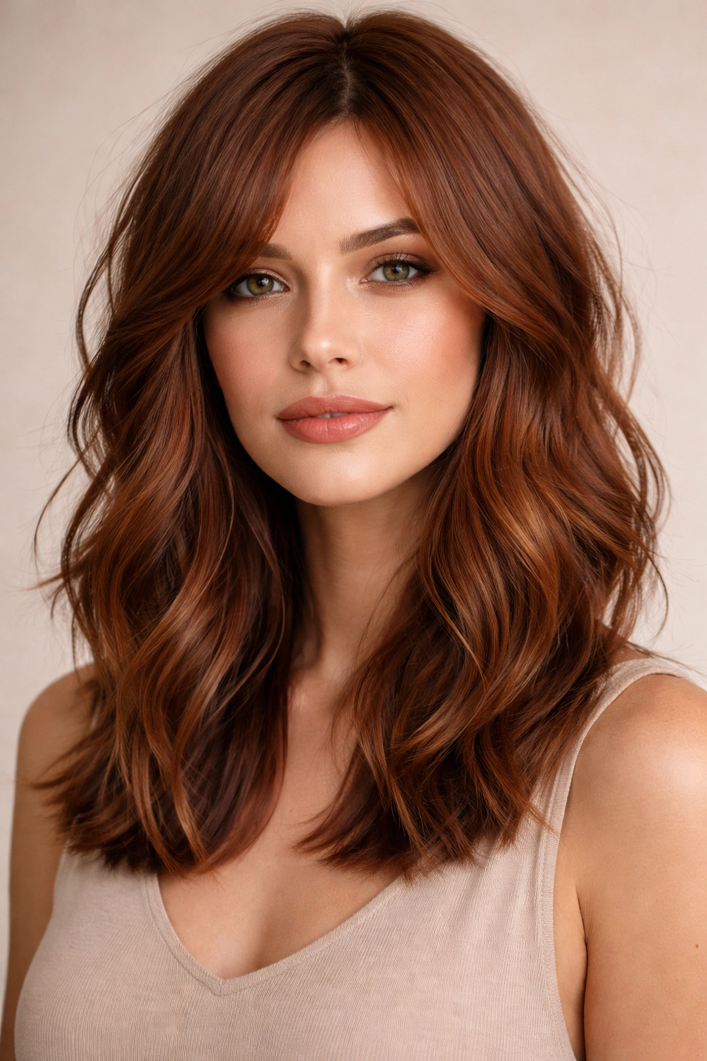 Mid-length auburn waves with textured layers and balayage