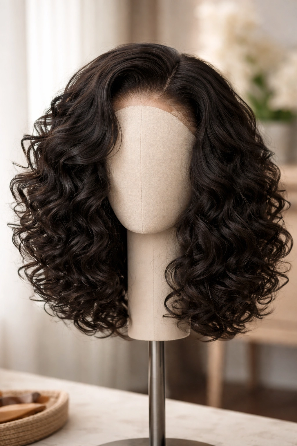 Close-up of a mid-length lace front wig with bouncy curls on a wig stand in studio