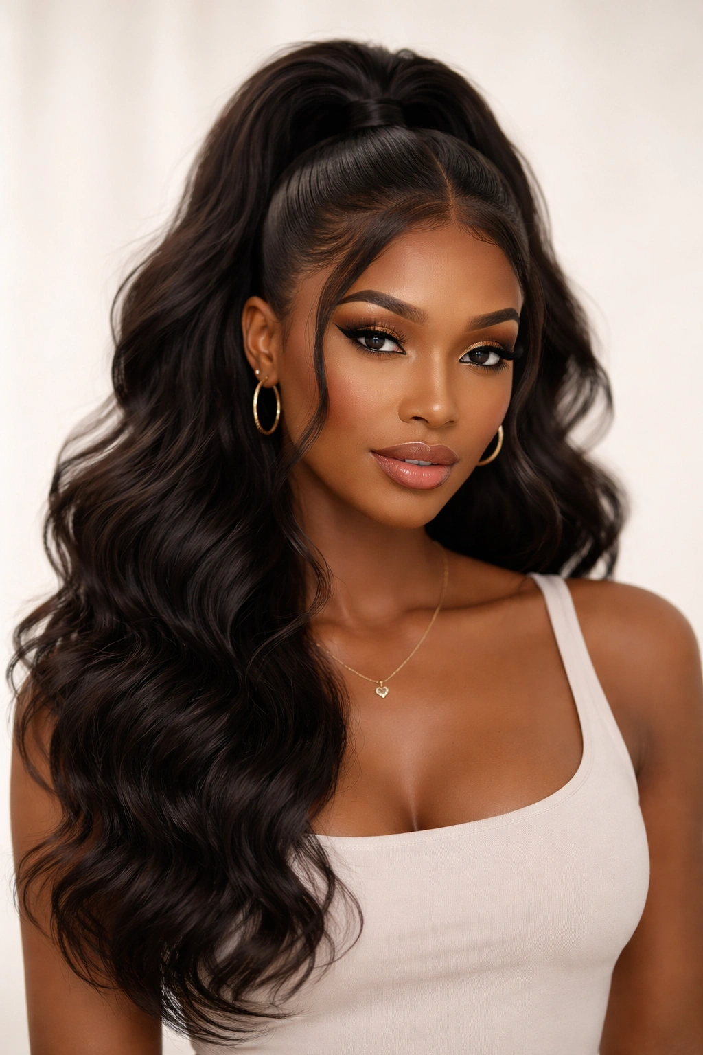 Wavy middle-part ponytail with volume showcasing balanced symmetry and texture