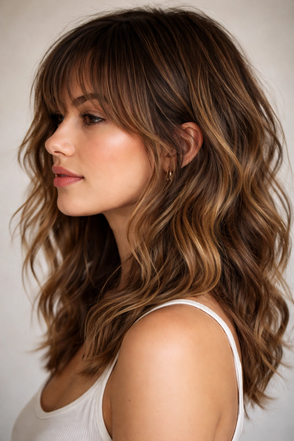 Midi-length hair with tousled waves and choppy bangs