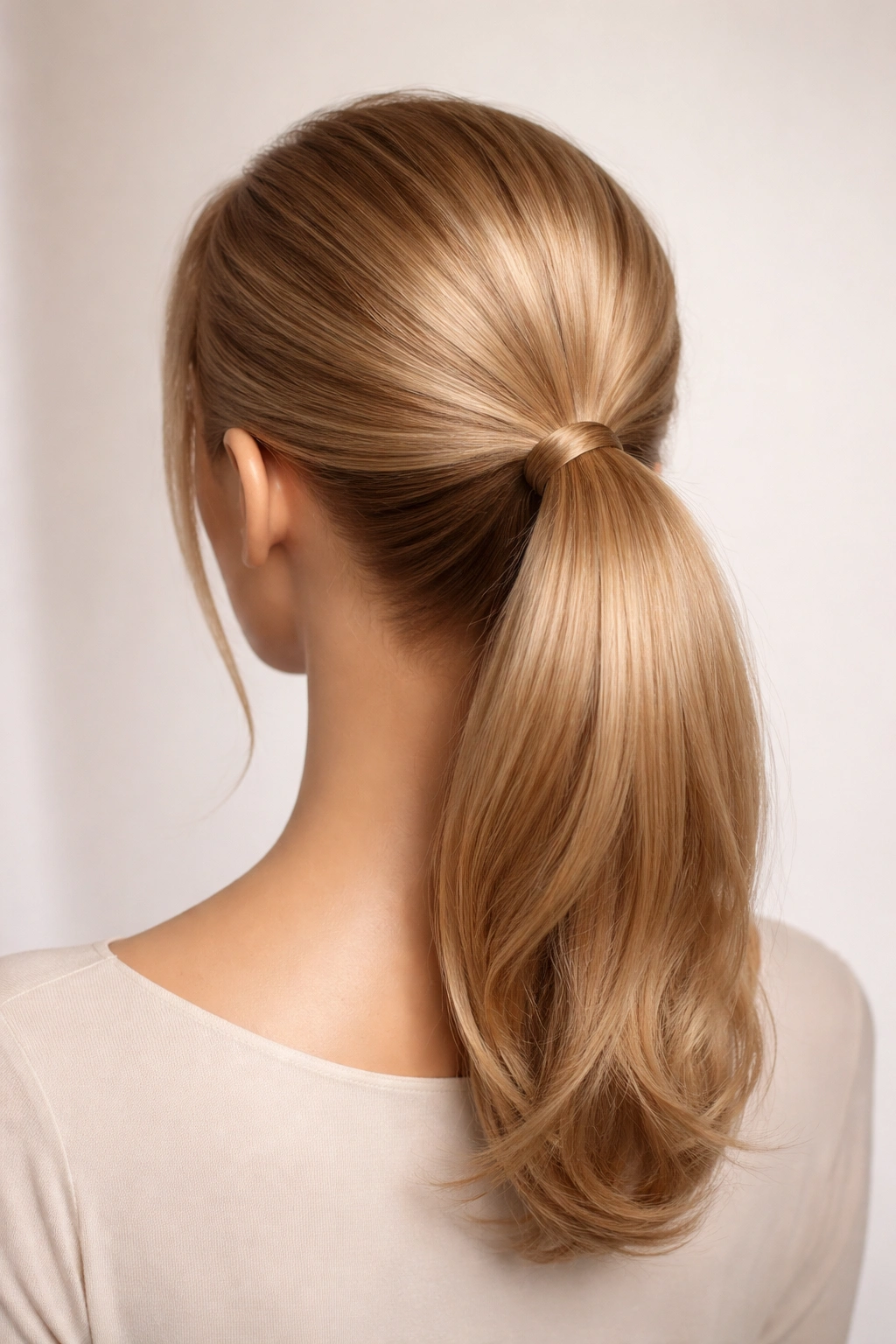 Close-up of a midlength ponytail with crown volume at the nape, glossy and sculpted