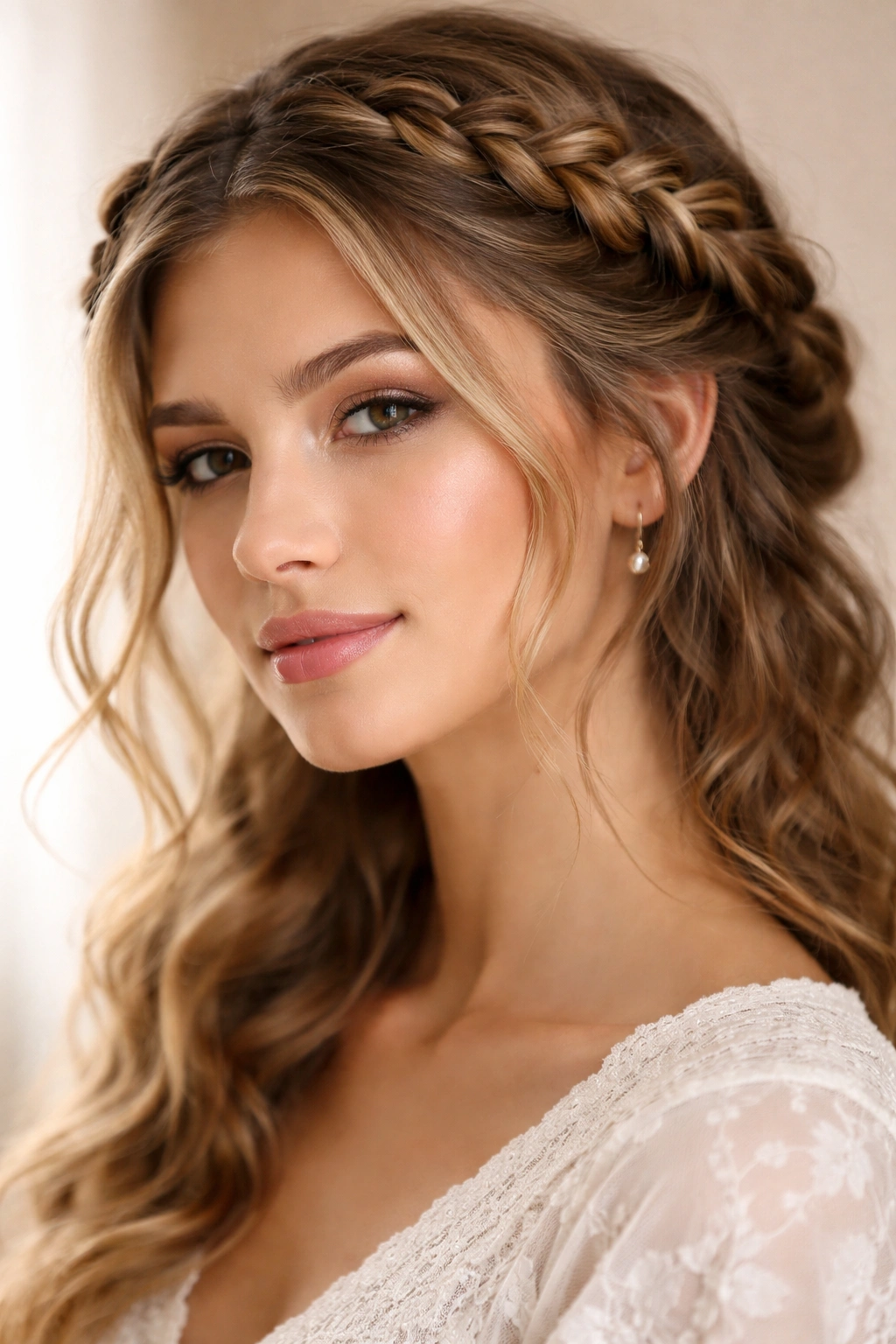 Close-up of milkmaid braid crown on wavy hair