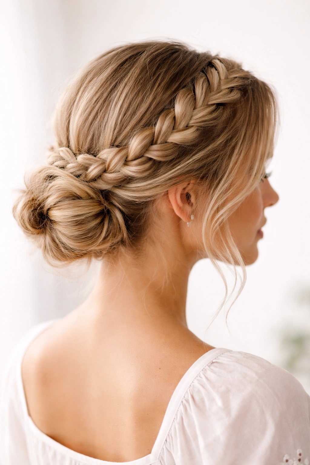 Milkmaid braids wrapping around crown into a low bun