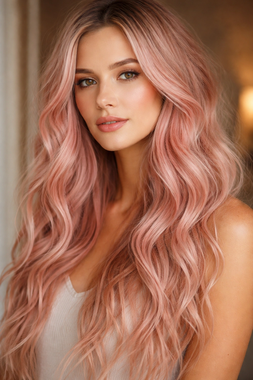 Close-up of millennial pink long wavy hair with lived-in texture in studio lighting