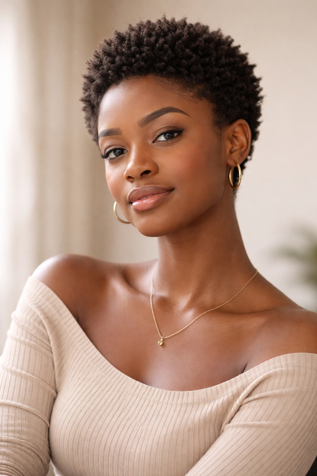 Portrait of a person with a short natural mini afro