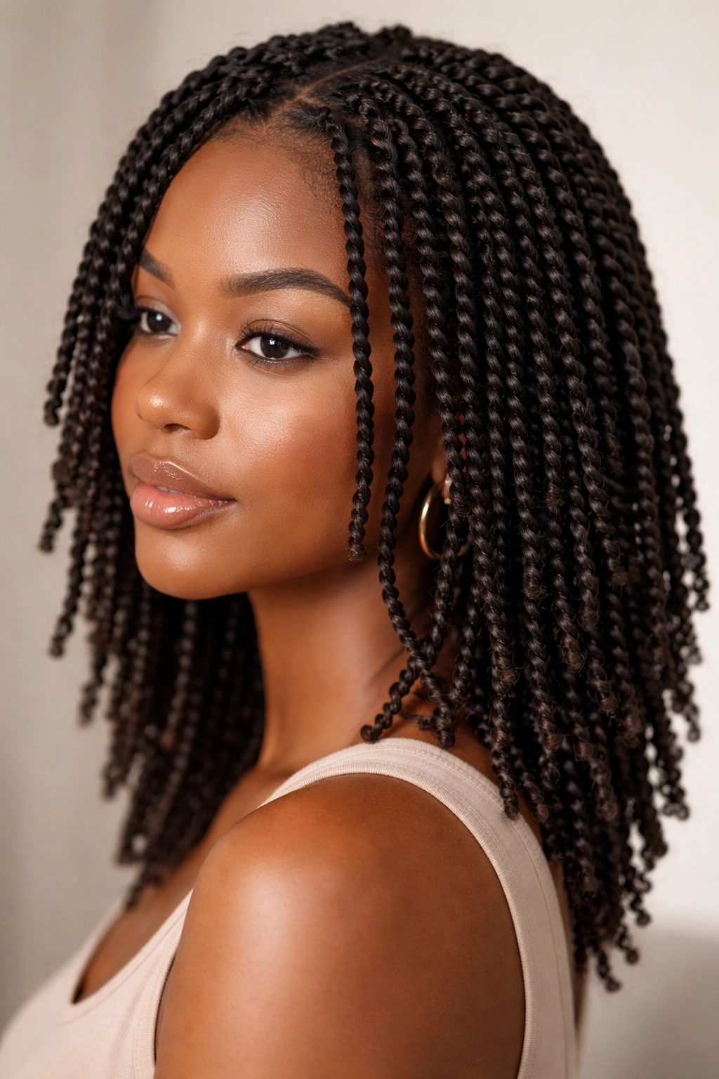 Close-up of tiny, defined mini twists on natural hair