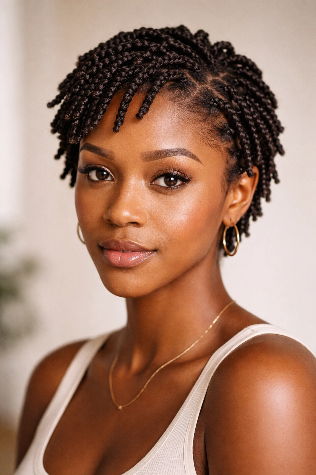 Close-up of short 4C hair with many tiny twists across the scalp