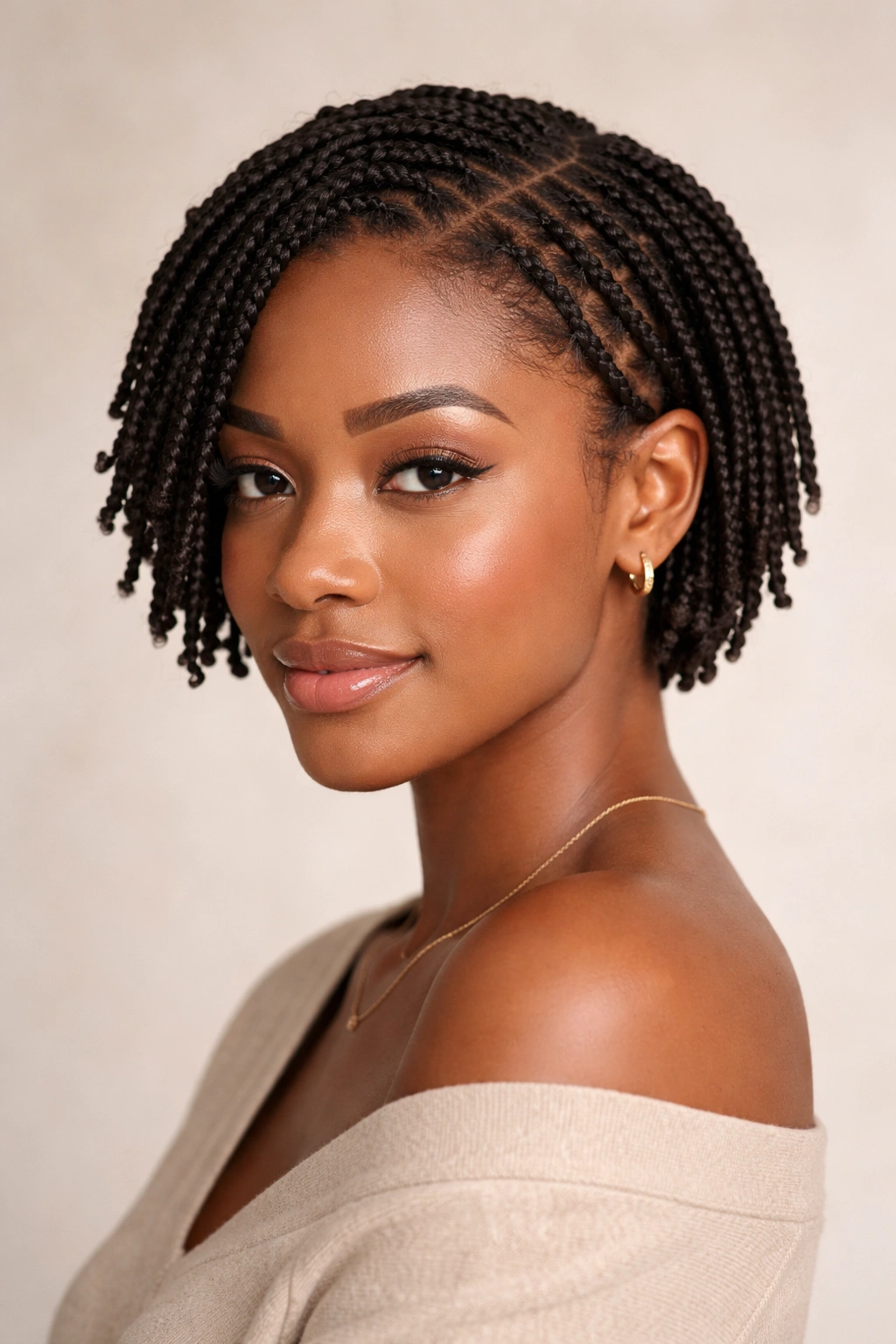 Front-facing view of short hair with many tiny twists or braids