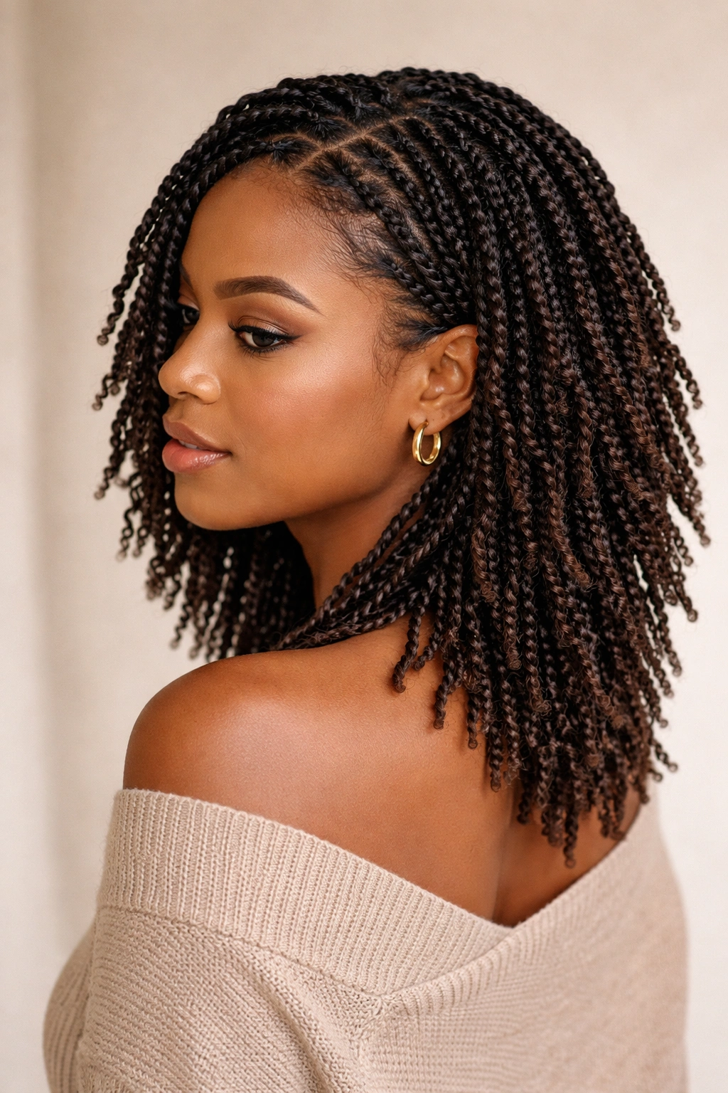 Dense mini twists with layered thickness on natural hair in studio