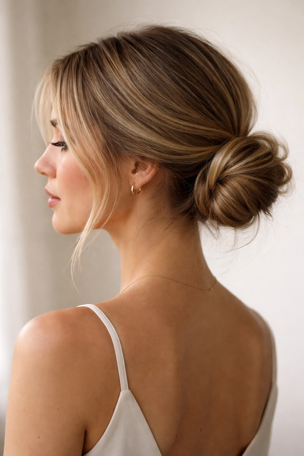 Minimalist side messy bun with hidden pins and clean lines