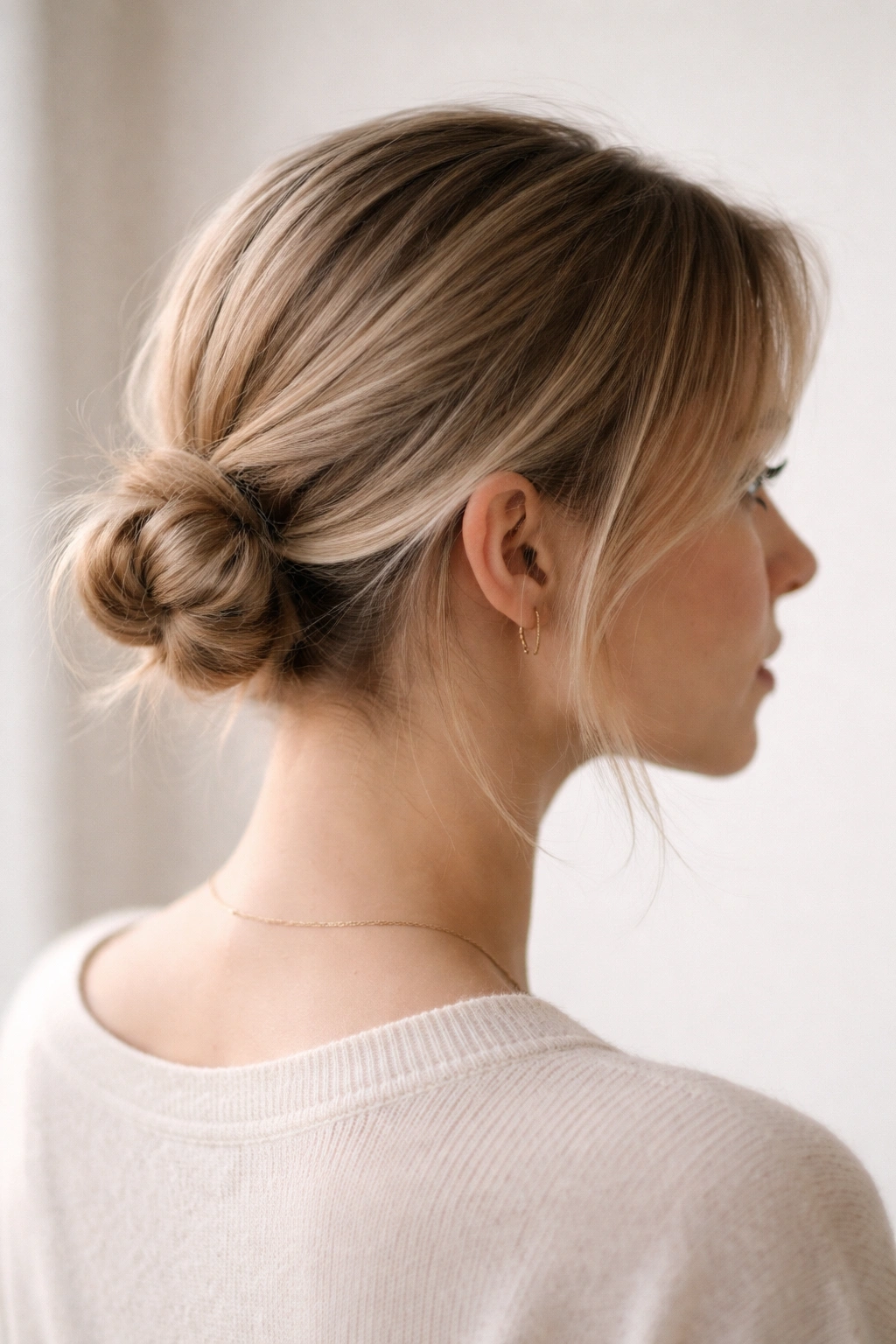 Minimalist low messy bun on short hair with a simple wrap
