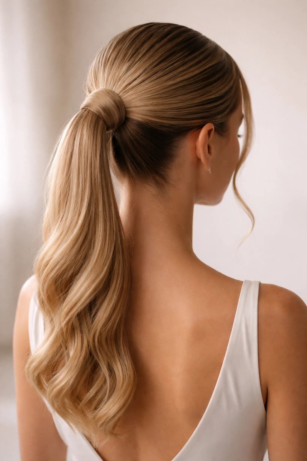 Back view of a high sleek ponytail with a wrapped base around the ponytail
