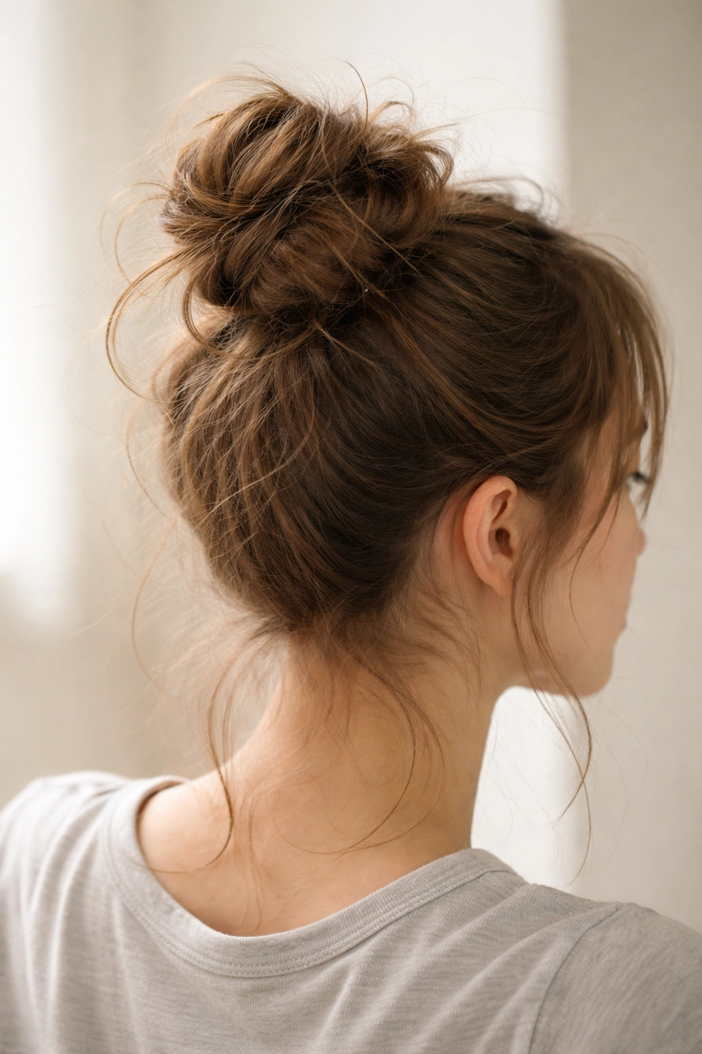 Imperfect bun with stray hairs illustrating common mistakes