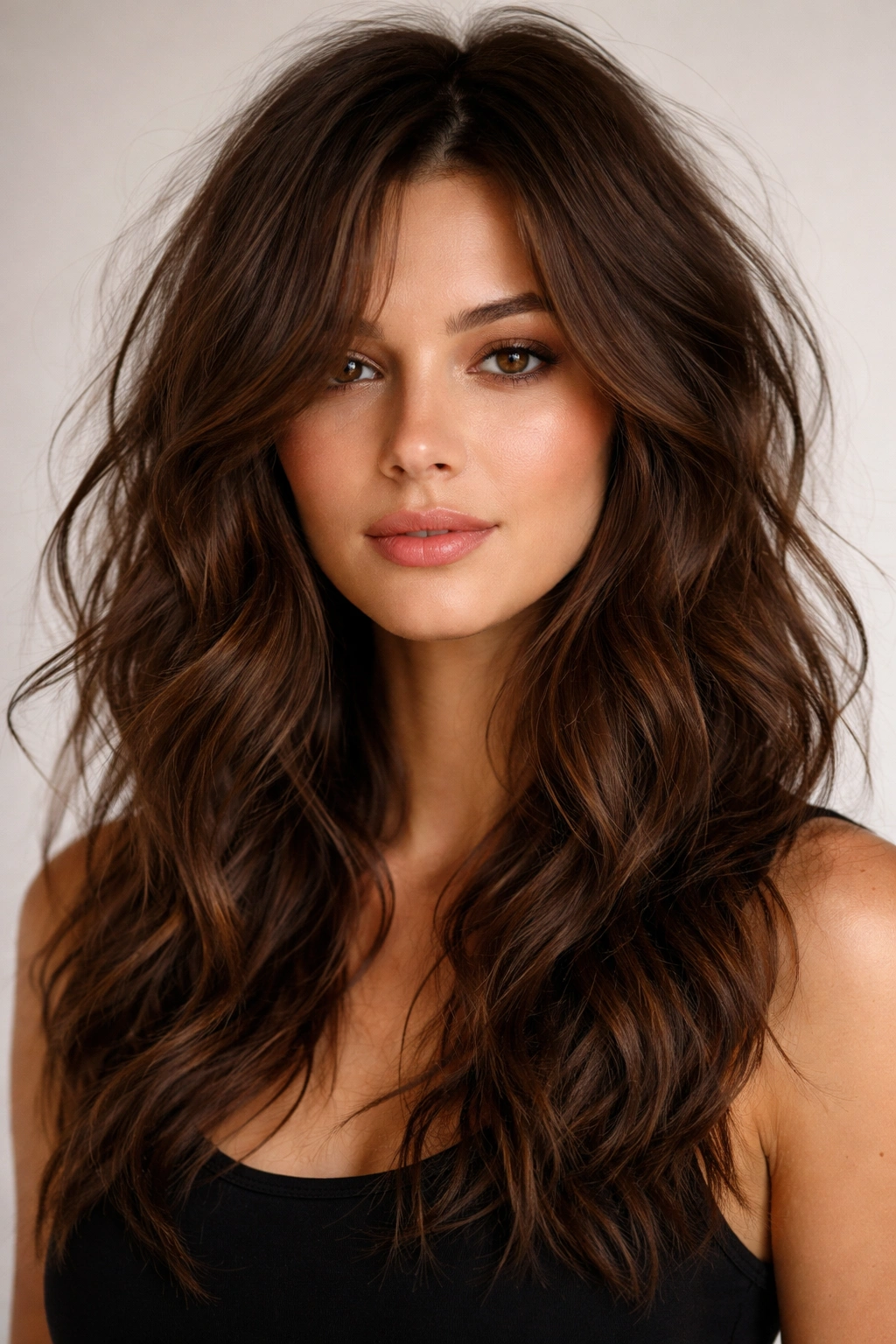 Close-up of mocha brown messy waves with textured strands