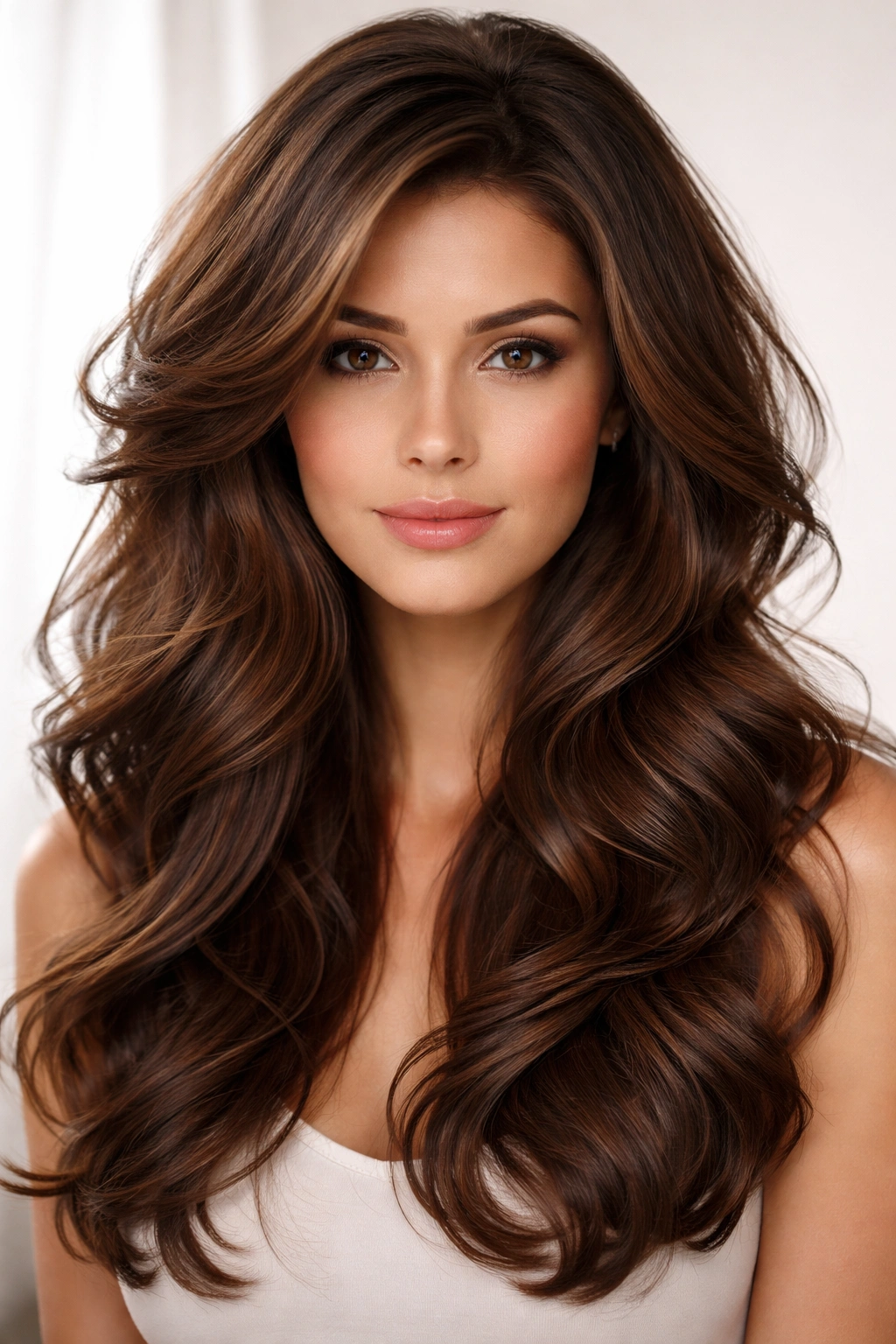 Mocha brown voluminous waves with crown lift