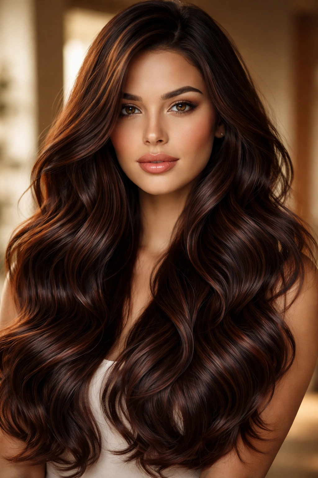 Long mocha waves with subtle red undertones catching light