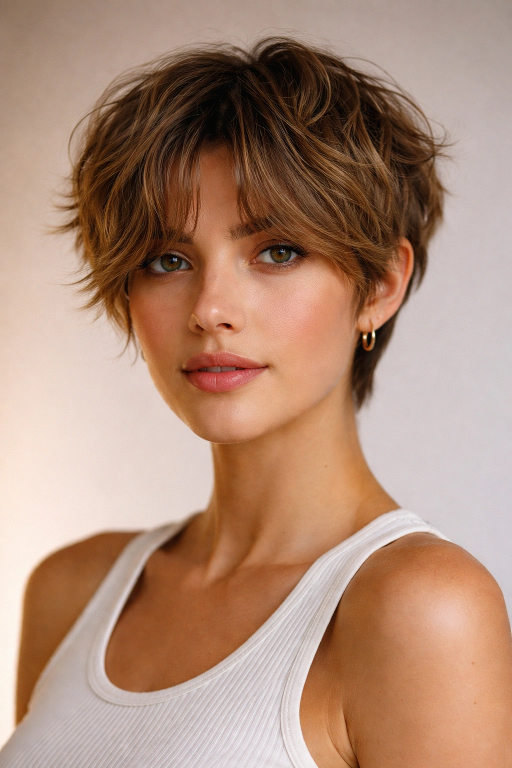 Modern French crop with textured top and curtain bangs