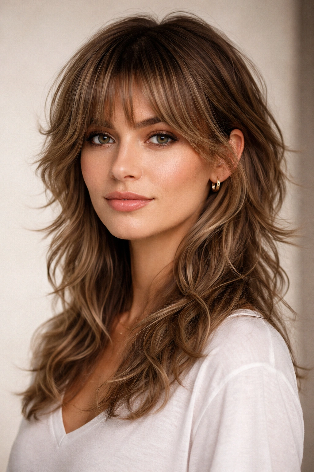 Modern mullet with feathered bangs on wavy hair
