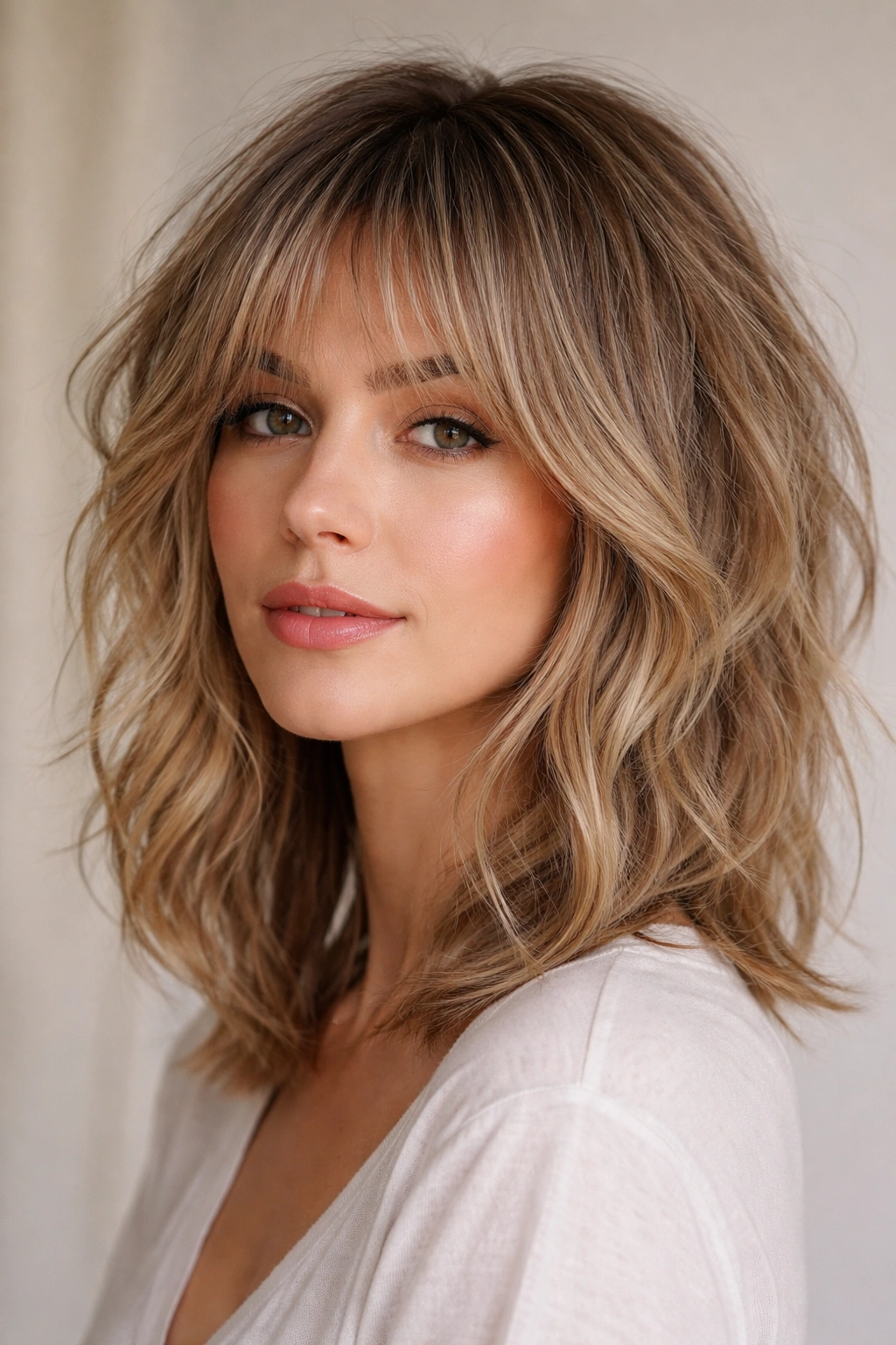 Three-quarter view of a modern shag with face-framing pieces on fine, wavy hair.