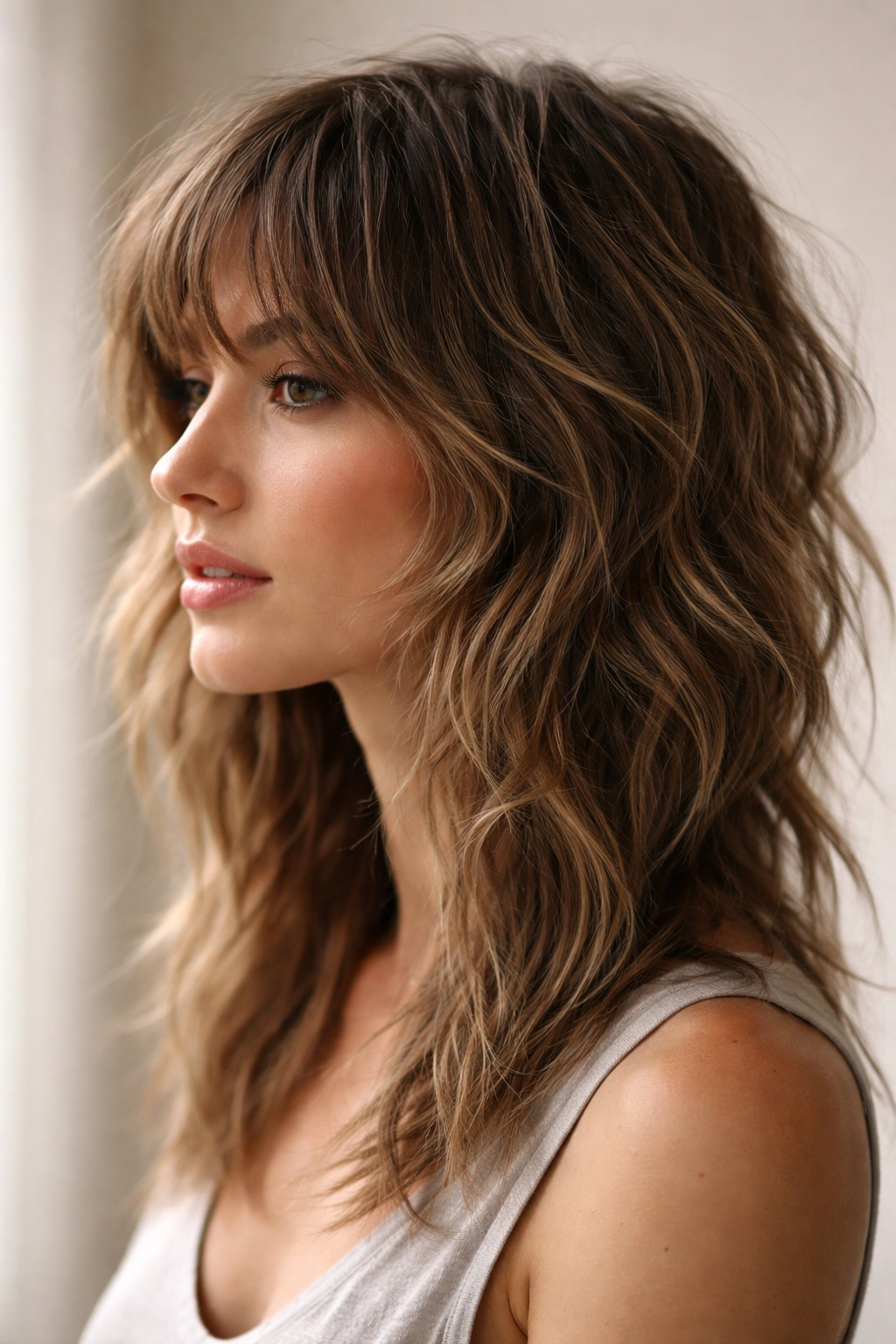 Modern shag hairstyle with choppy, textured layers.