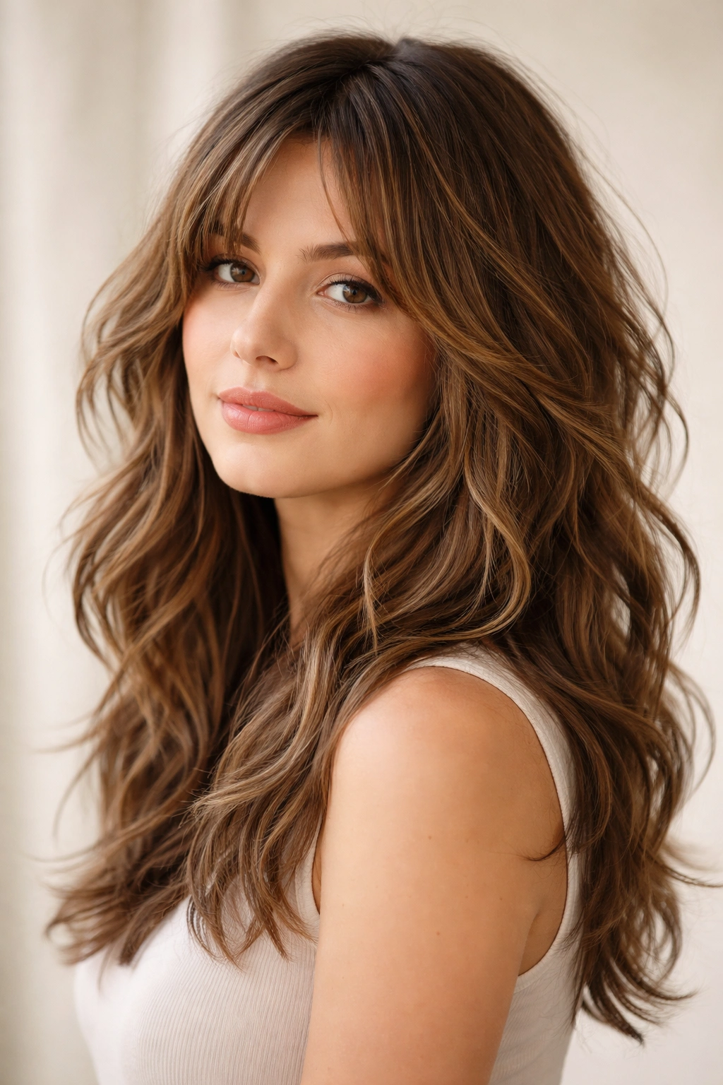 Shoulder-length modern shag with long layers and soft waves on a model.