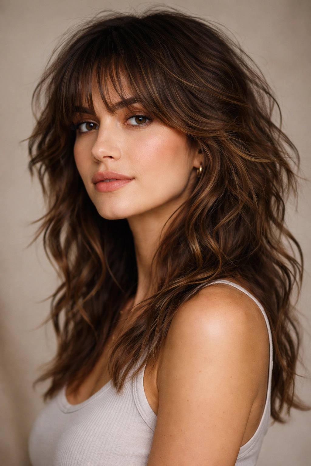 Close-up portrait of a model with a modern shag on wavy hair showcasing face-framing layers.