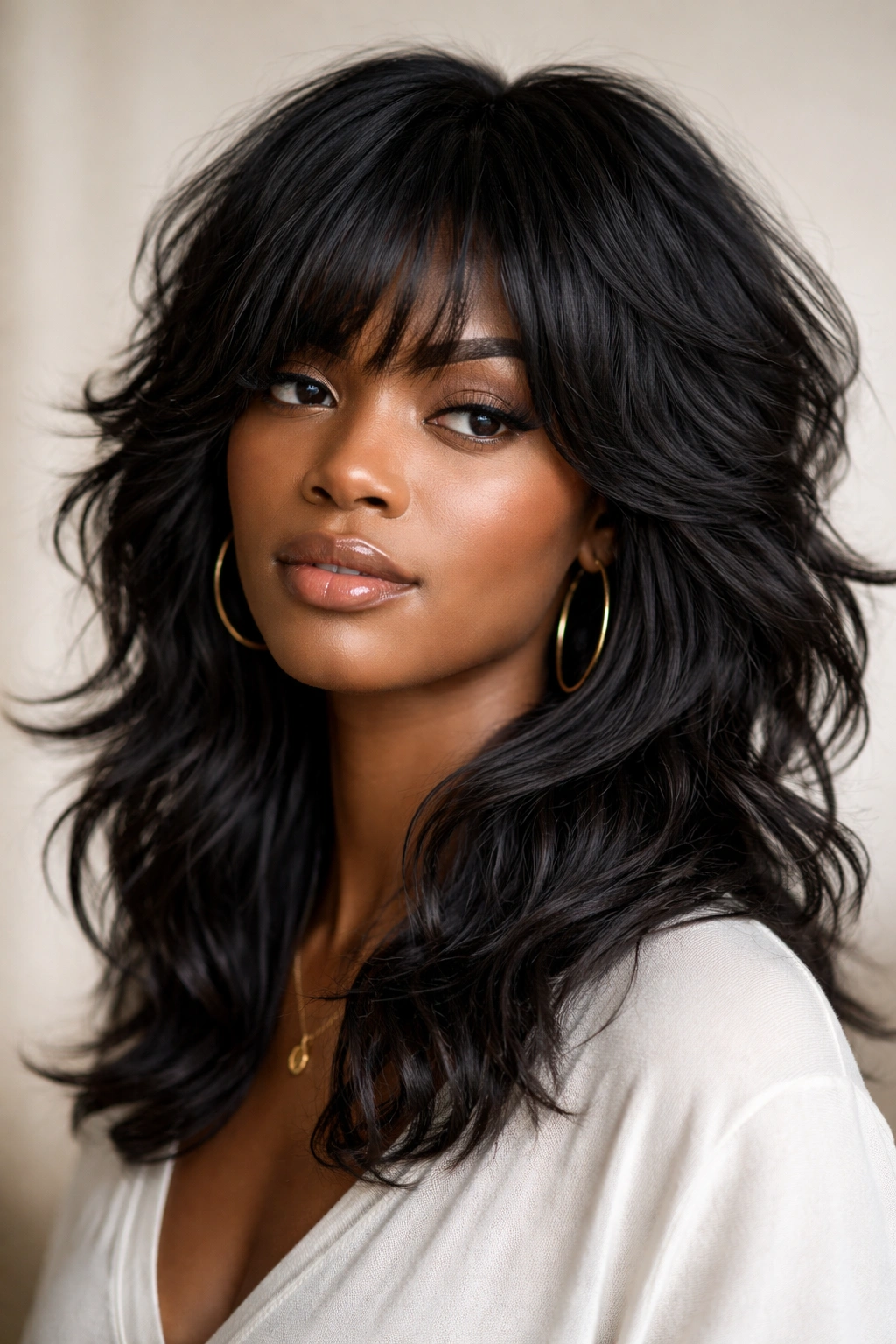 Head-and-shoulders portrait of Black hair styled in a modern shag with layered waves