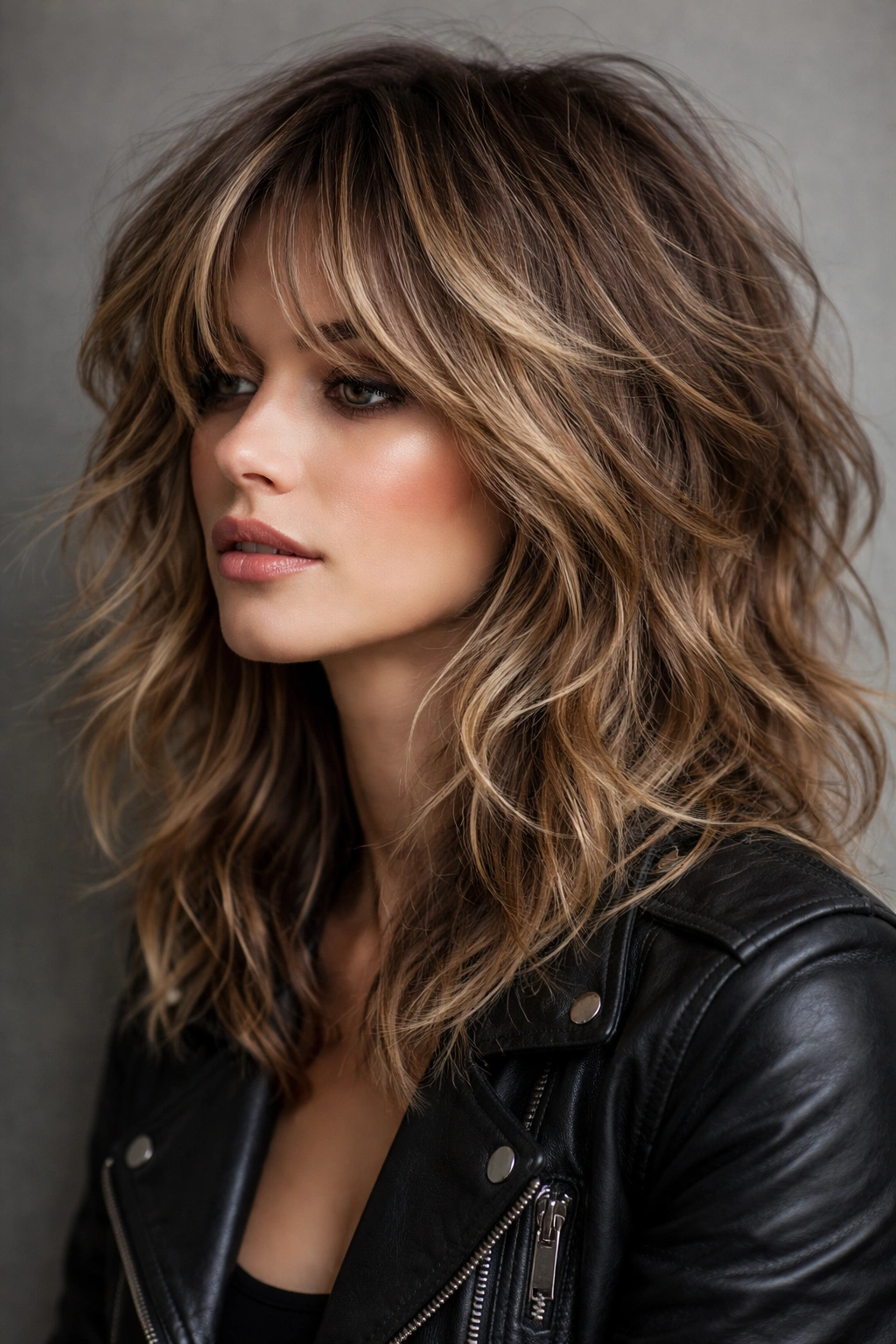 Modern wavy butterfly with shaggy layers showing textured crown and undone waves