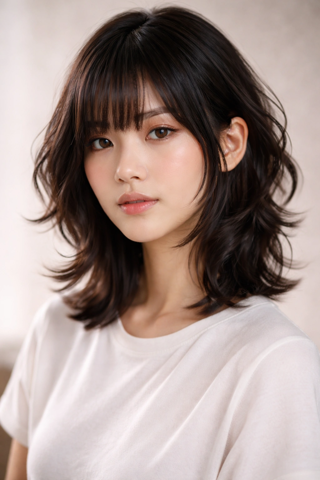 Portrait of a person with modern textured hime hairstyle featuring piecey layers