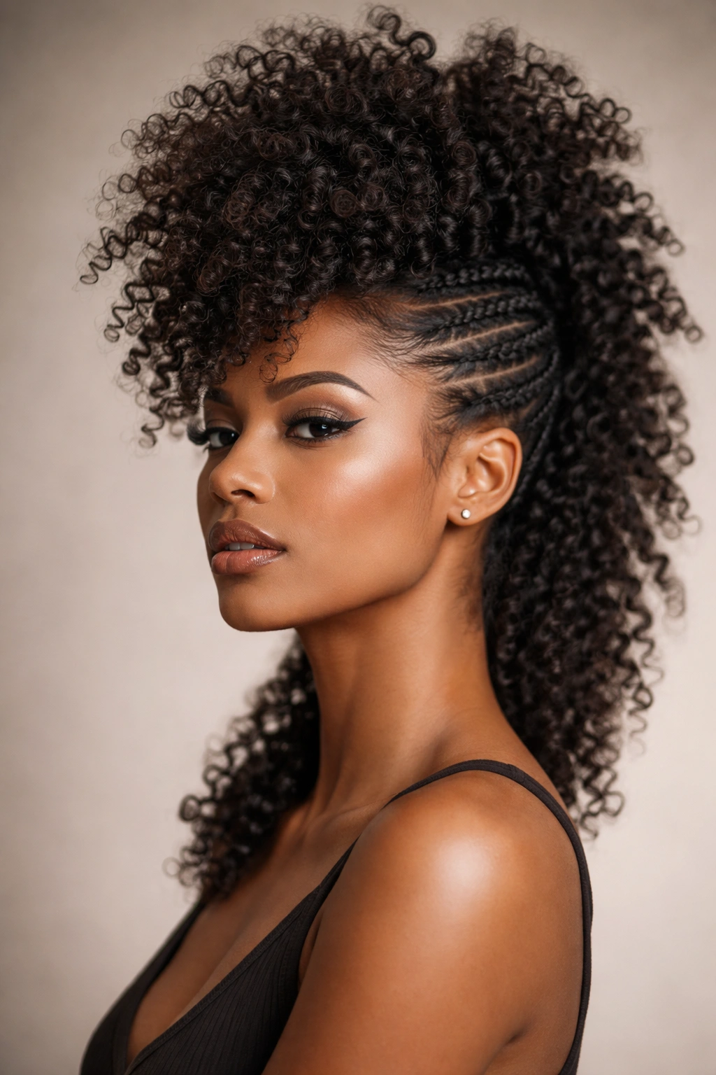 Close-up of a Mohawk with Defined Curls showing a tall center curl pillar and textured sides