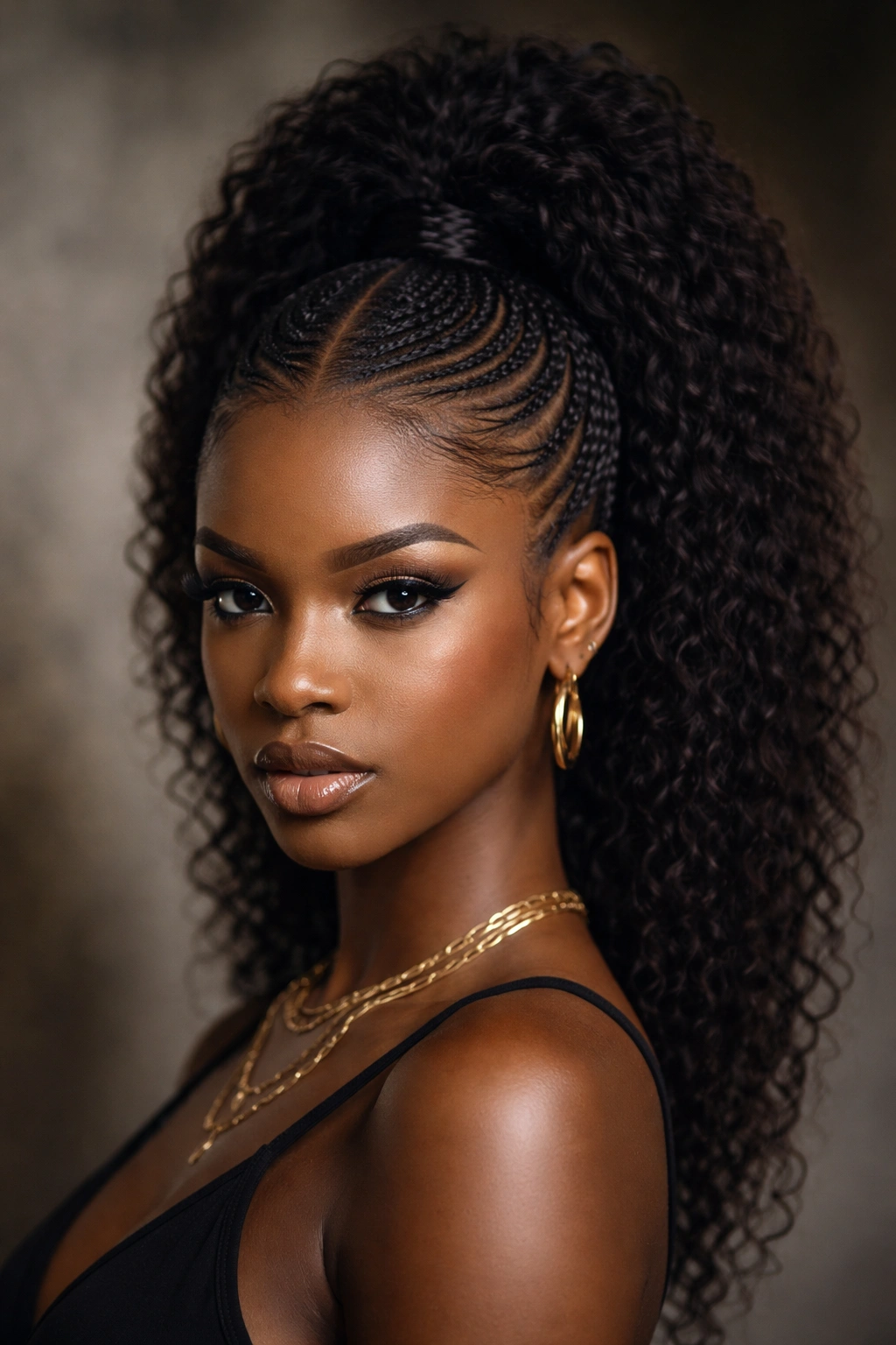 Portrait of a Black woman with a mohawk-style middle part ponytail