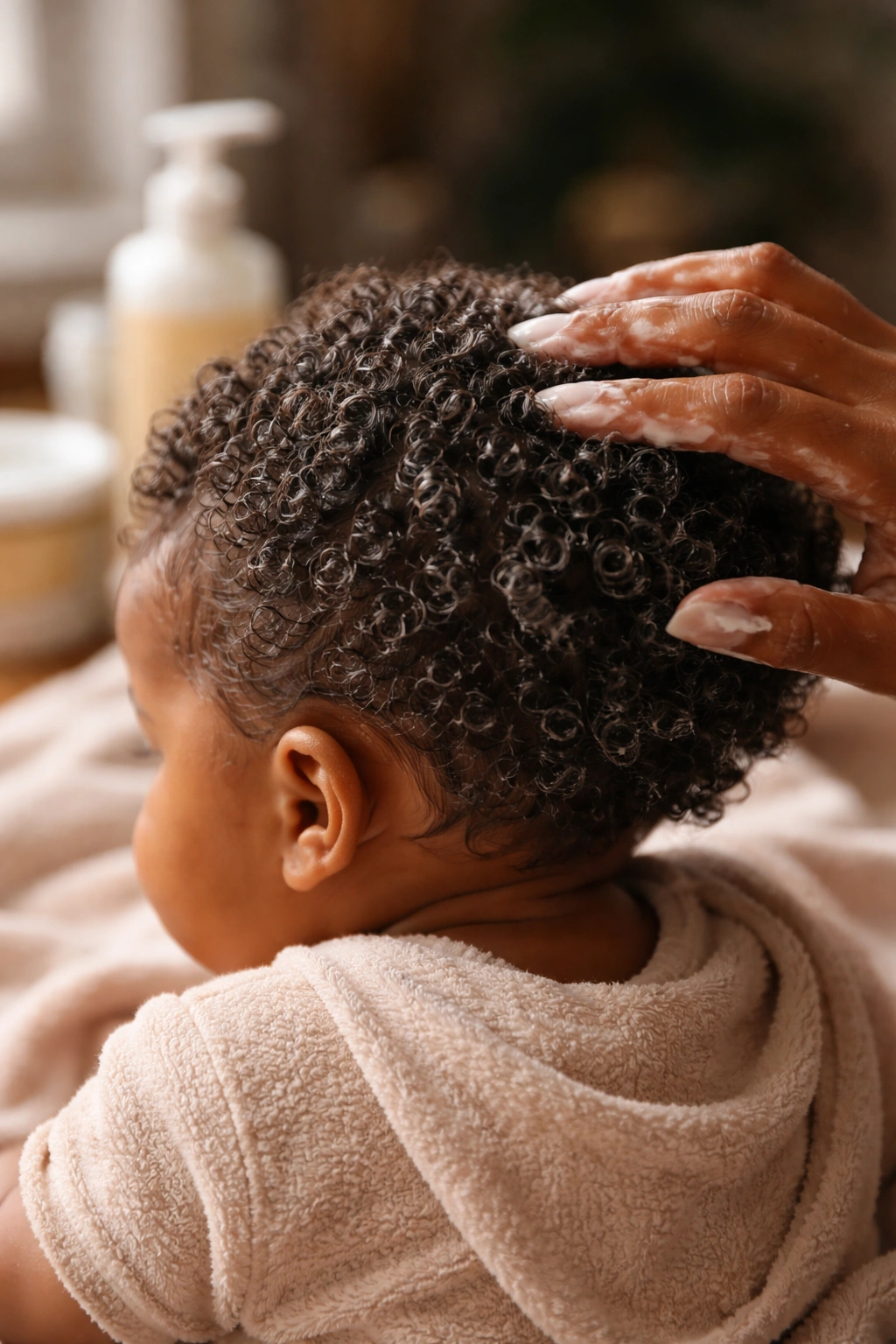 Close-up of moisturized baby hair with natural shine between styles.